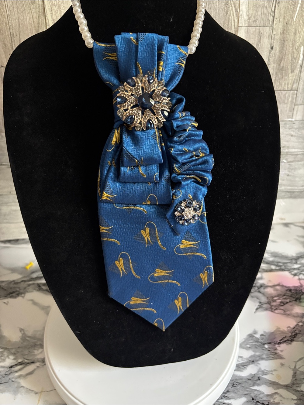 Blue and Gold Decorative Necktie Scarf with Crystal Brooches